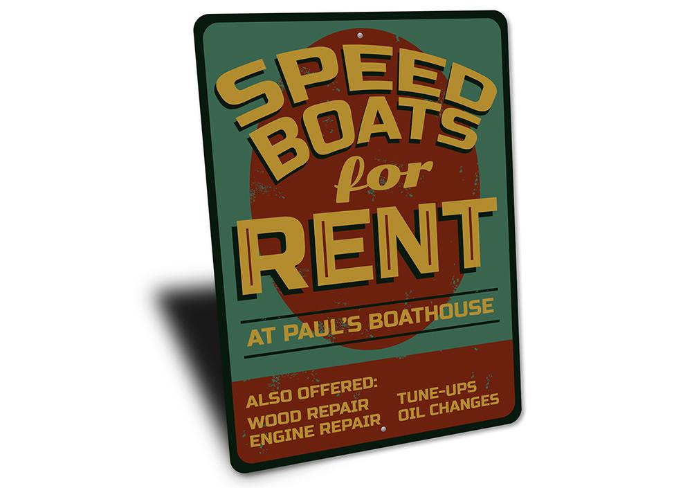 Customizable Speed Boat Sign made from durable aluminum, perfect for lakehouse decor.