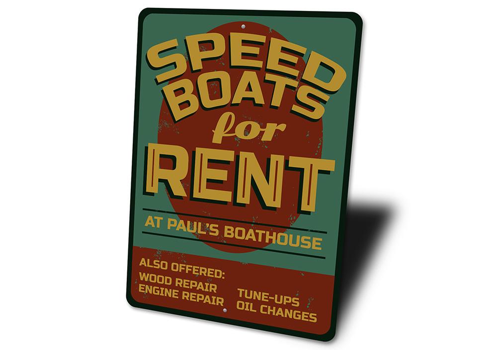 Customizable Speed Boat Sign made from durable aluminum, perfect for lakehouse decor.