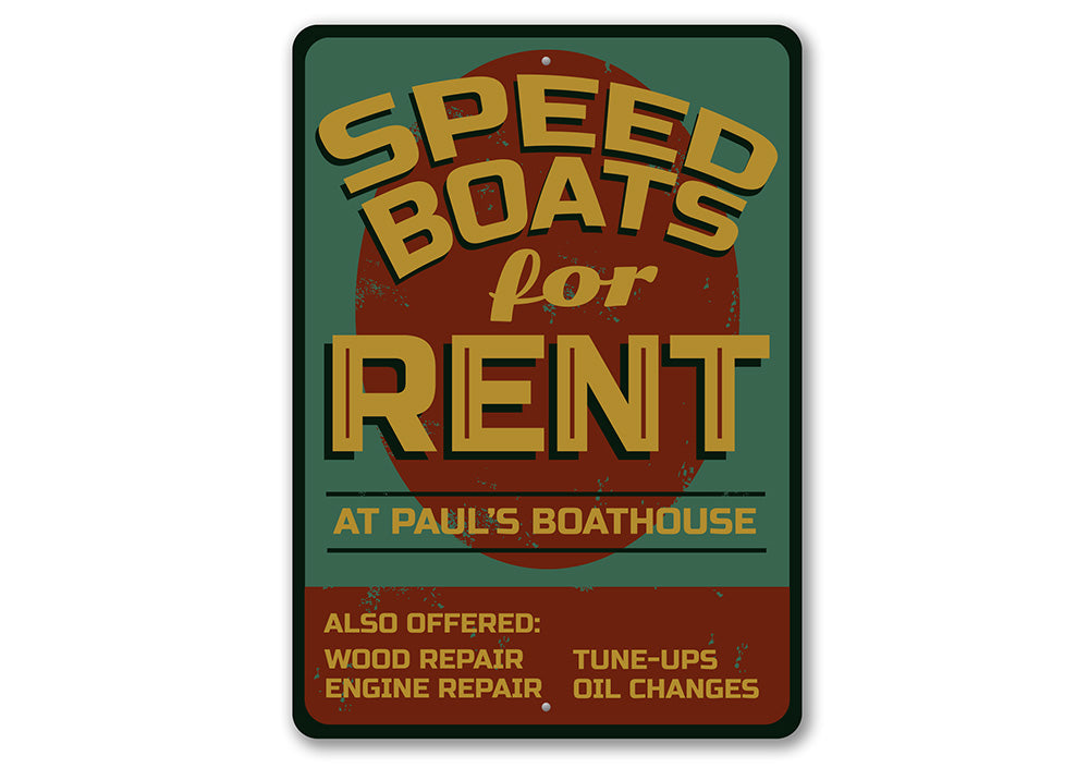 Customizable Speed Boat Sign made from durable aluminum, perfect for lakehouse decor.