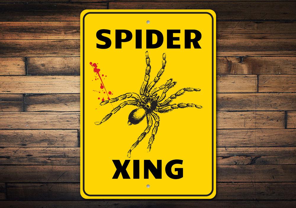 A decorative Spider Crossing Sign made of high-quality aluminum, featuring a spooky spider graphic, perfect for Halloween decor.