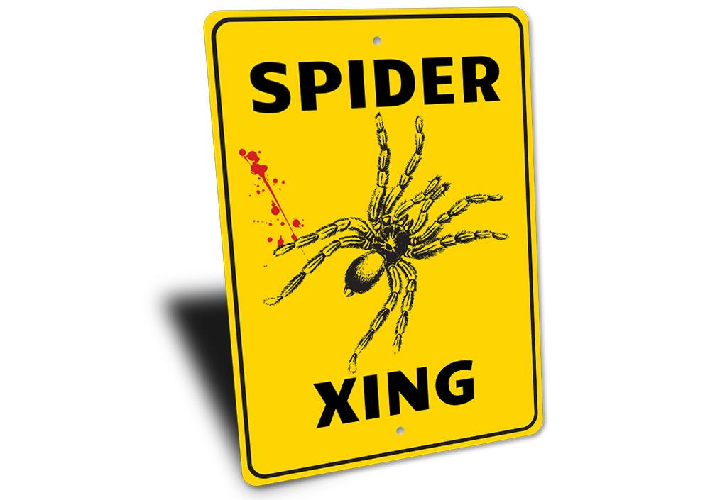 A decorative Spider Crossing Sign made of high-quality aluminum, featuring a spooky spider graphic, perfect for Halloween decor.