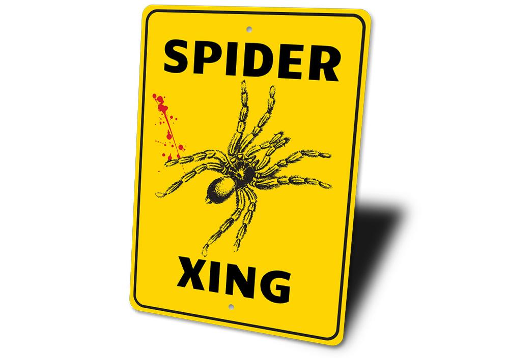 A decorative Spider Crossing Sign made of high-quality aluminum, featuring a spooky spider graphic, perfect for Halloween decor.