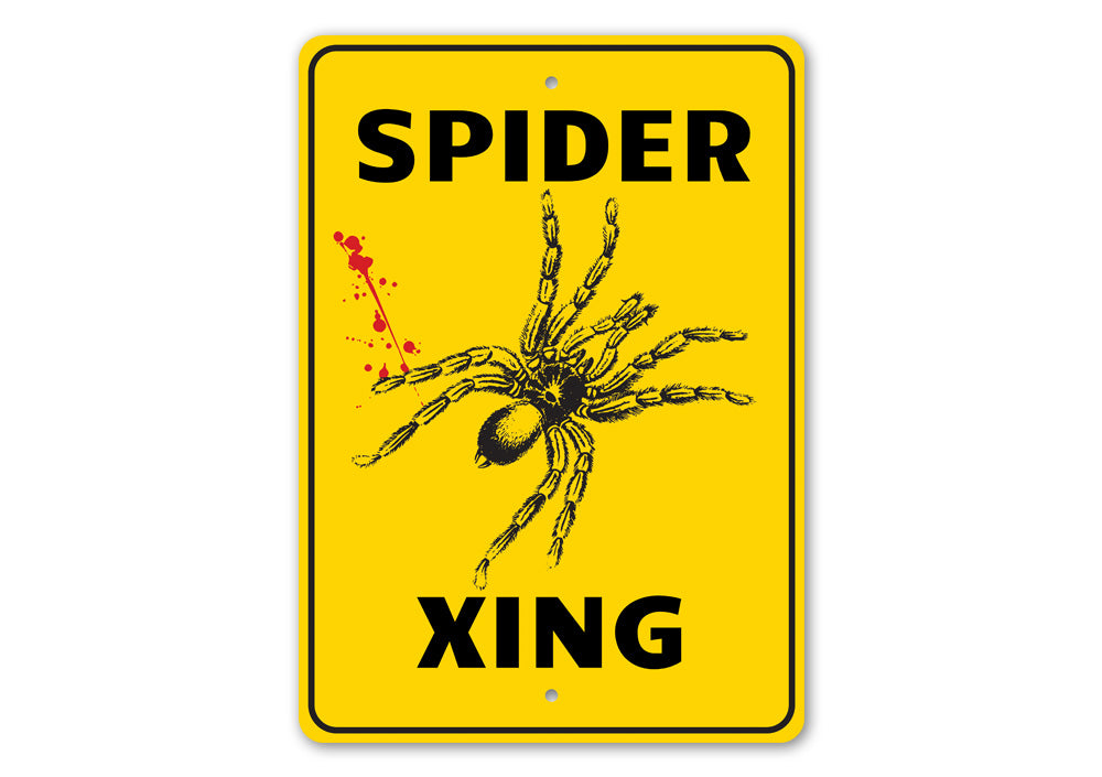 A decorative Spider Crossing Sign made of high-quality aluminum, featuring a spooky spider graphic, perfect for Halloween decor.