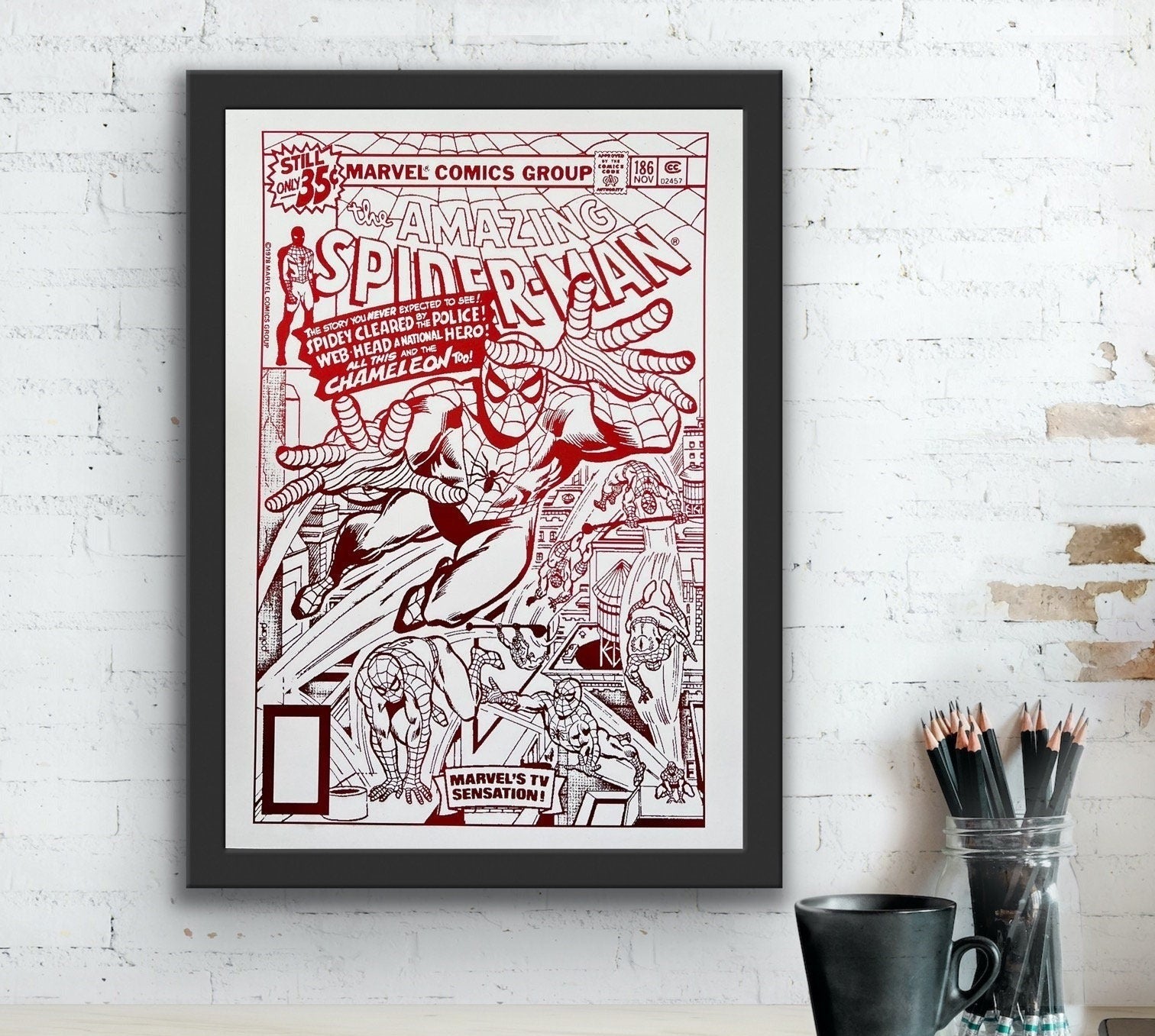 Spider Man 186 Comic Cover Foil Print featuring Spider-Man in action with a metallic finish.