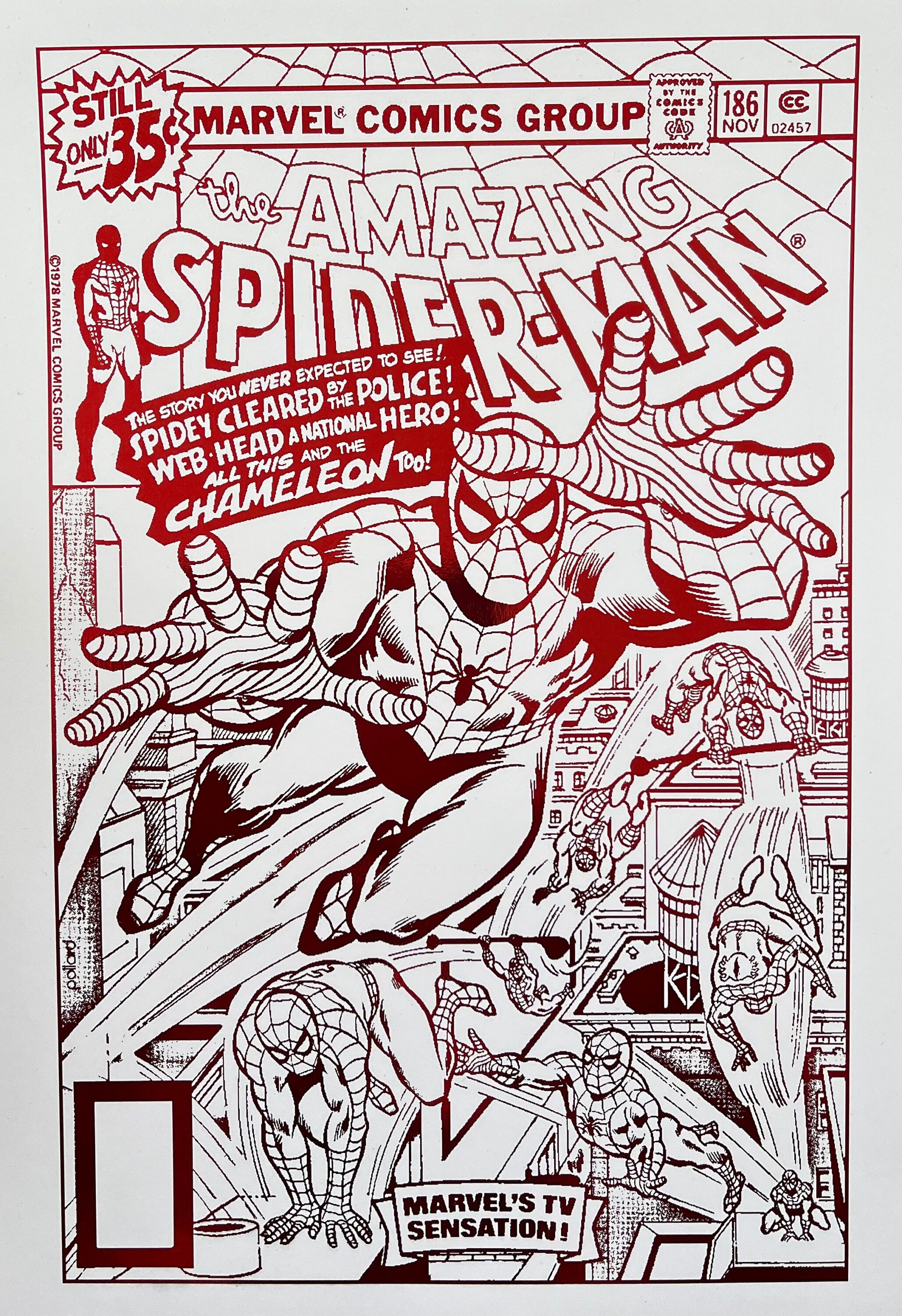 Spider Man 186 Comic Cover Foil Print featuring Spider-Man in action with a metallic finish.