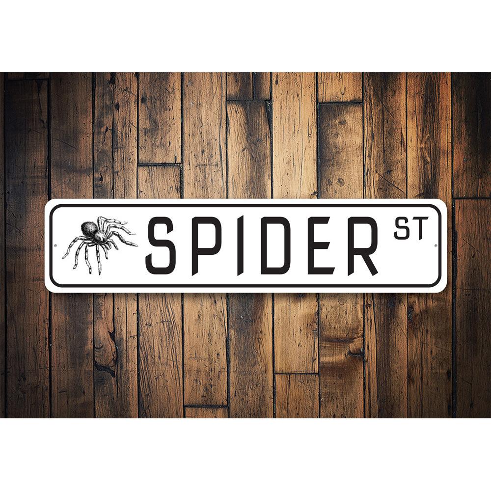 A custom Spider Street Sign made of high-quality aluminum, featuring a unique design perfect for home decor.