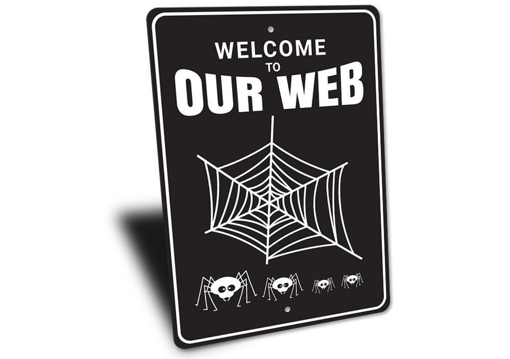 A spooky Spider Web Sign made of durable aluminum, featuring intricate web designs perfect for Halloween decor.