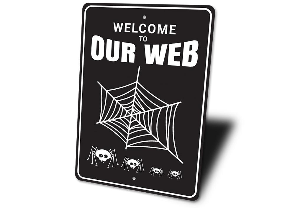 A spooky Spider Web Sign made of durable aluminum, featuring intricate web designs perfect for Halloween decor.