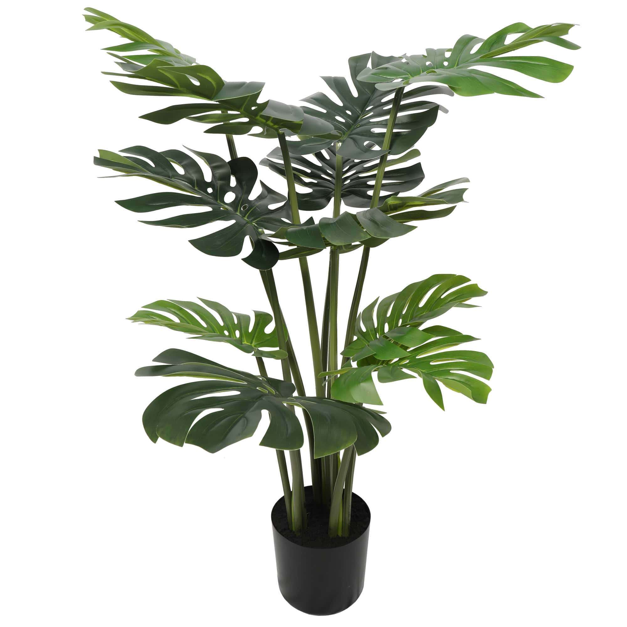 A 120cm tall faux Split Philodendron with detailed leaves in a black pot, perfect for home decor.