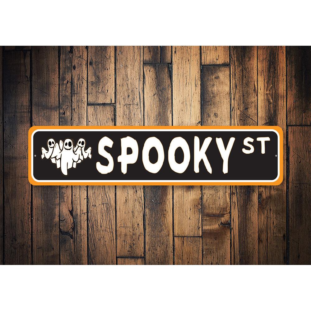 A spooky street sign made of high-quality aluminum, featuring a unique design perfect for Halloween decor.