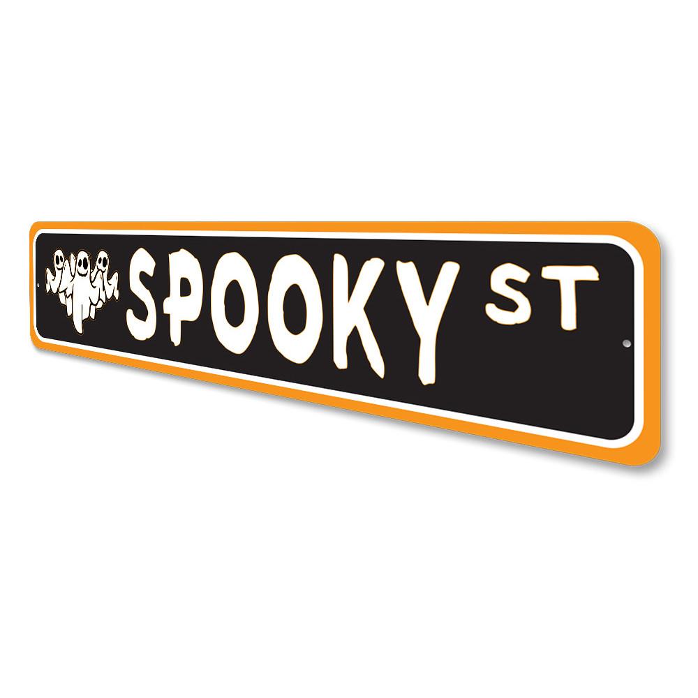 A spooky street sign made of high-quality aluminum, featuring a unique design perfect for Halloween decor.