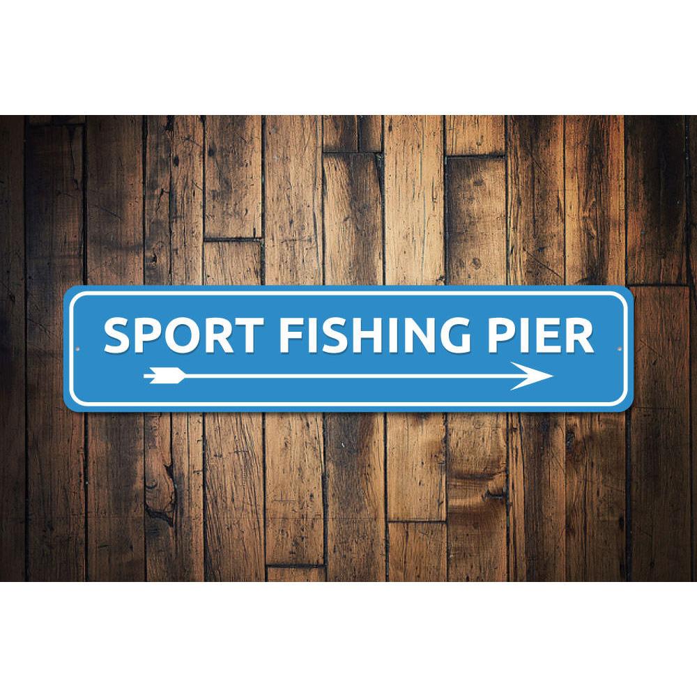 Sport Fishing Pier Sign made of durable aluminum, featuring customizable text and pre-drilled holes for easy mounting, perfect for lakehouse decor.