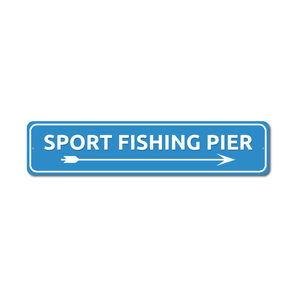 Sport Fishing Pier Sign made of durable aluminum, featuring customizable text and pre-drilled holes for easy mounting, perfect for lakehouse decor.