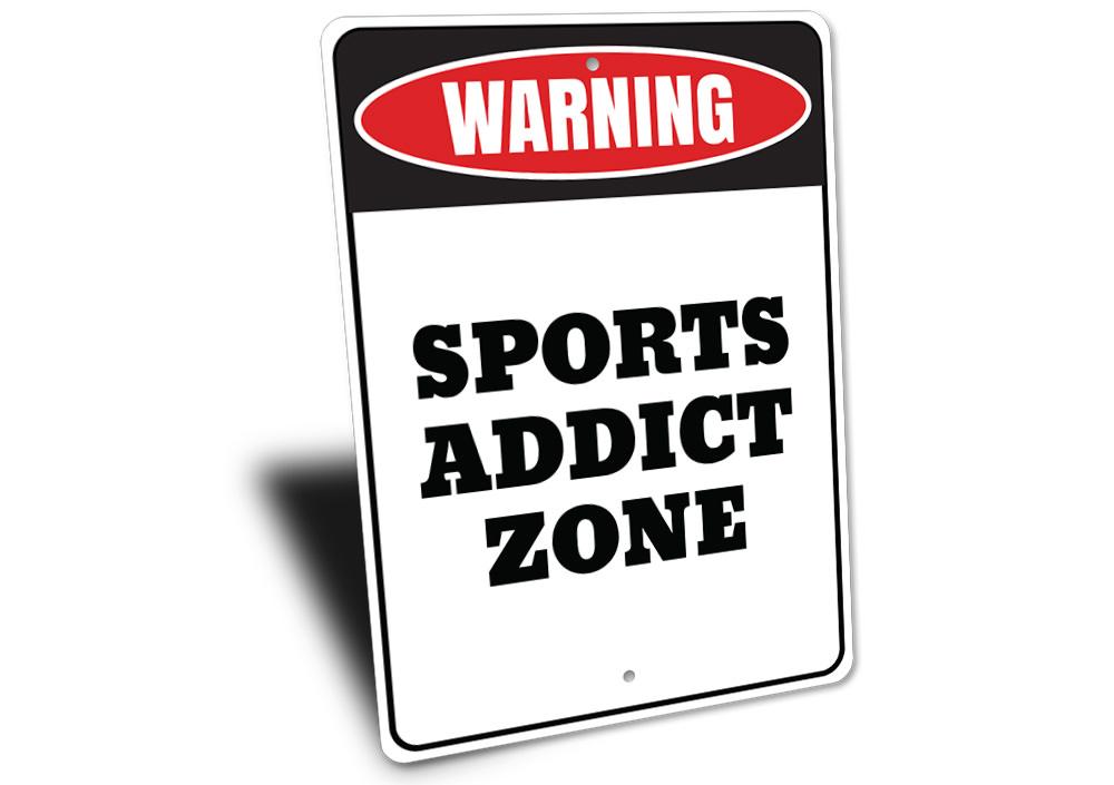 A decorative Sports Addict Zone Sign made of high-quality aluminum, featuring vibrant colors and customizable text, perfect for sports enthusiasts.