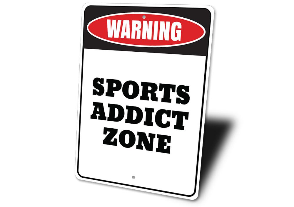 A decorative Sports Addict Zone Sign made of high-quality aluminum, featuring vibrant colors and customizable text, perfect for sports enthusiasts.