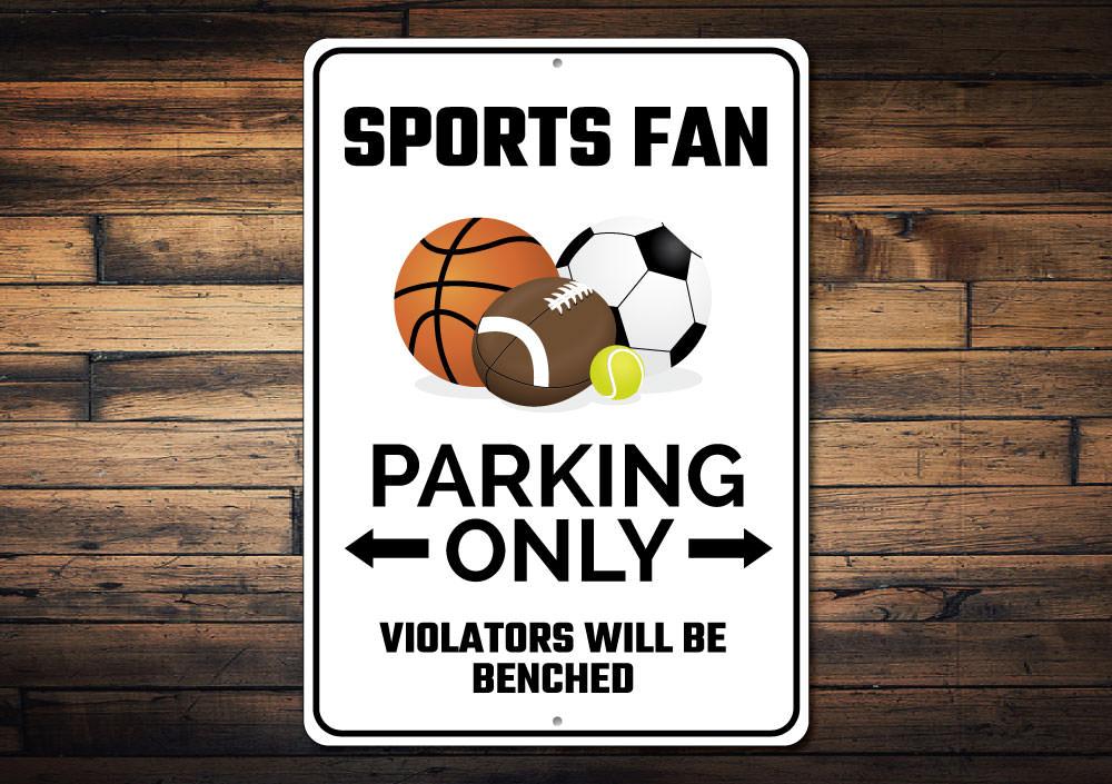 A vibrant Sports Fan Parking Sign made of durable aluminum, featuring customizable text and pre-drilled holes for easy mounting.