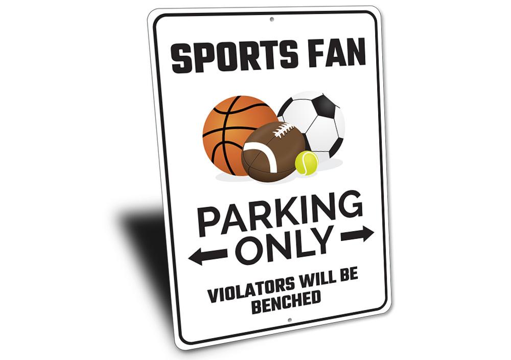 A vibrant Sports Fan Parking Sign made of durable aluminum, featuring customizable text and pre-drilled holes for easy mounting.