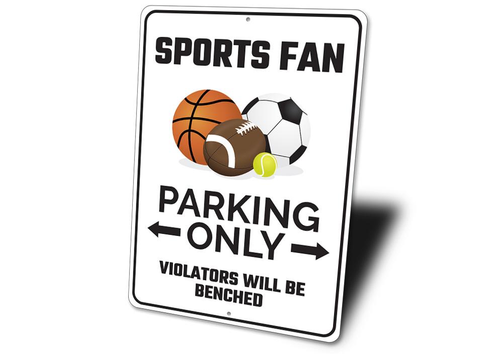 A vibrant Sports Fan Parking Sign made of durable aluminum, featuring customizable text and pre-drilled holes for easy mounting.