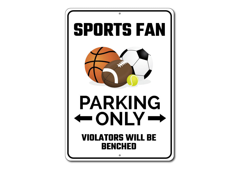 A vibrant Sports Fan Parking Sign made of durable aluminum, featuring customizable text and pre-drilled holes for easy mounting.