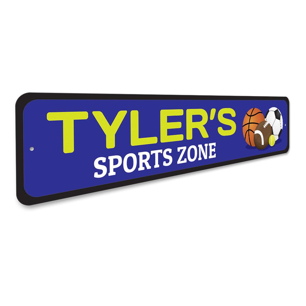 A vibrant Sports Zone Sign made of high-quality aluminum, featuring customizable text and playful designs, perfect for kids' rooms.