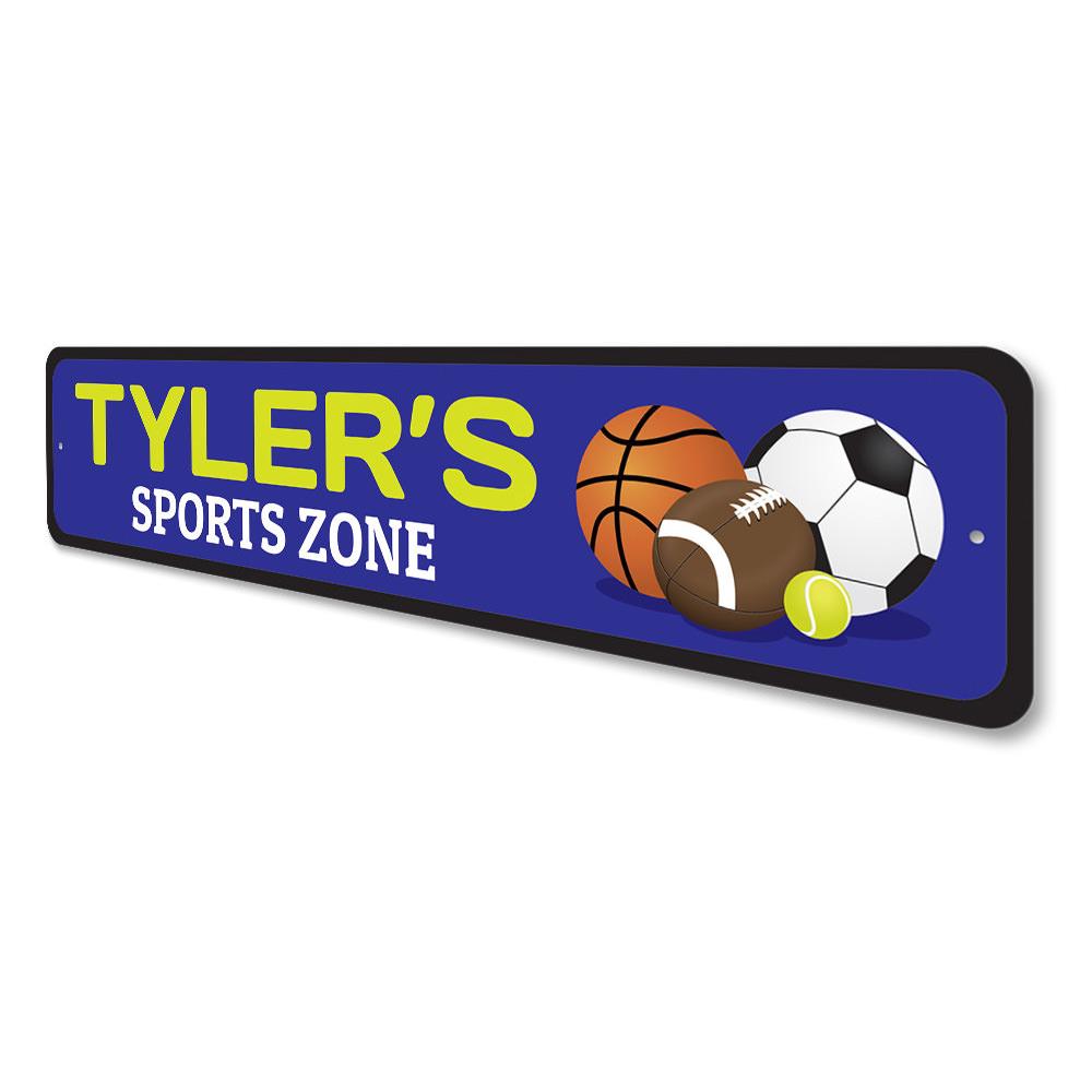 A vibrant Sports Zone Sign made of high-quality aluminum, featuring customizable text and playful designs, perfect for kids' rooms.