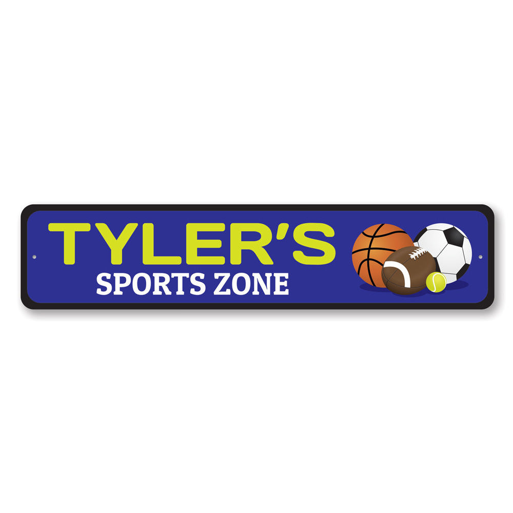 A vibrant Sports Zone Sign made of high-quality aluminum, featuring customizable text and playful designs, perfect for kids' rooms.