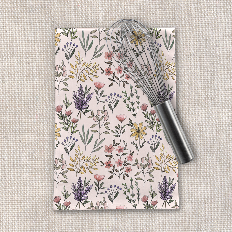 Spring Botanical Tea Towel featuring floral patterns on cotton twill fabric, perfect for kitchen use.