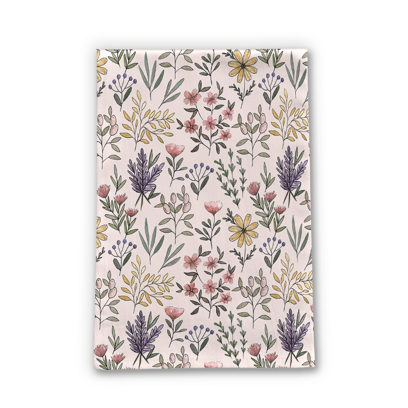 Spring Botanical Tea Towel featuring floral patterns on cotton twill fabric, perfect for kitchen use.