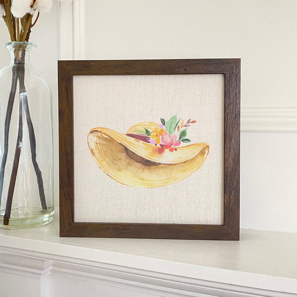 Spring Floral Hat framed sign with a wood frame and linen-look background, showcasing vibrant floral designs.