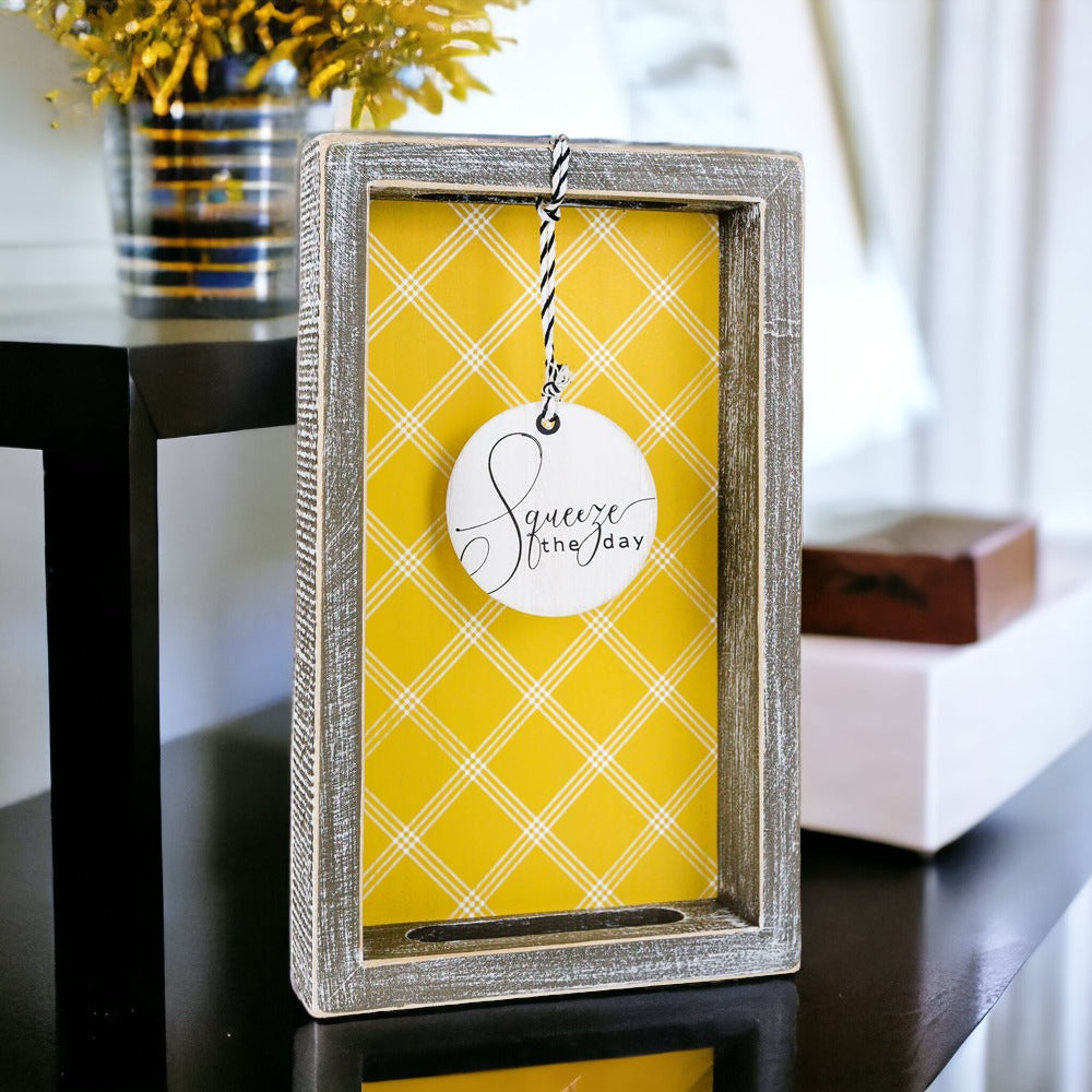 Handmade wooden tray with yellow striped interior and double-sided ornament featuring 'Squeeze The Day' and a lemon.