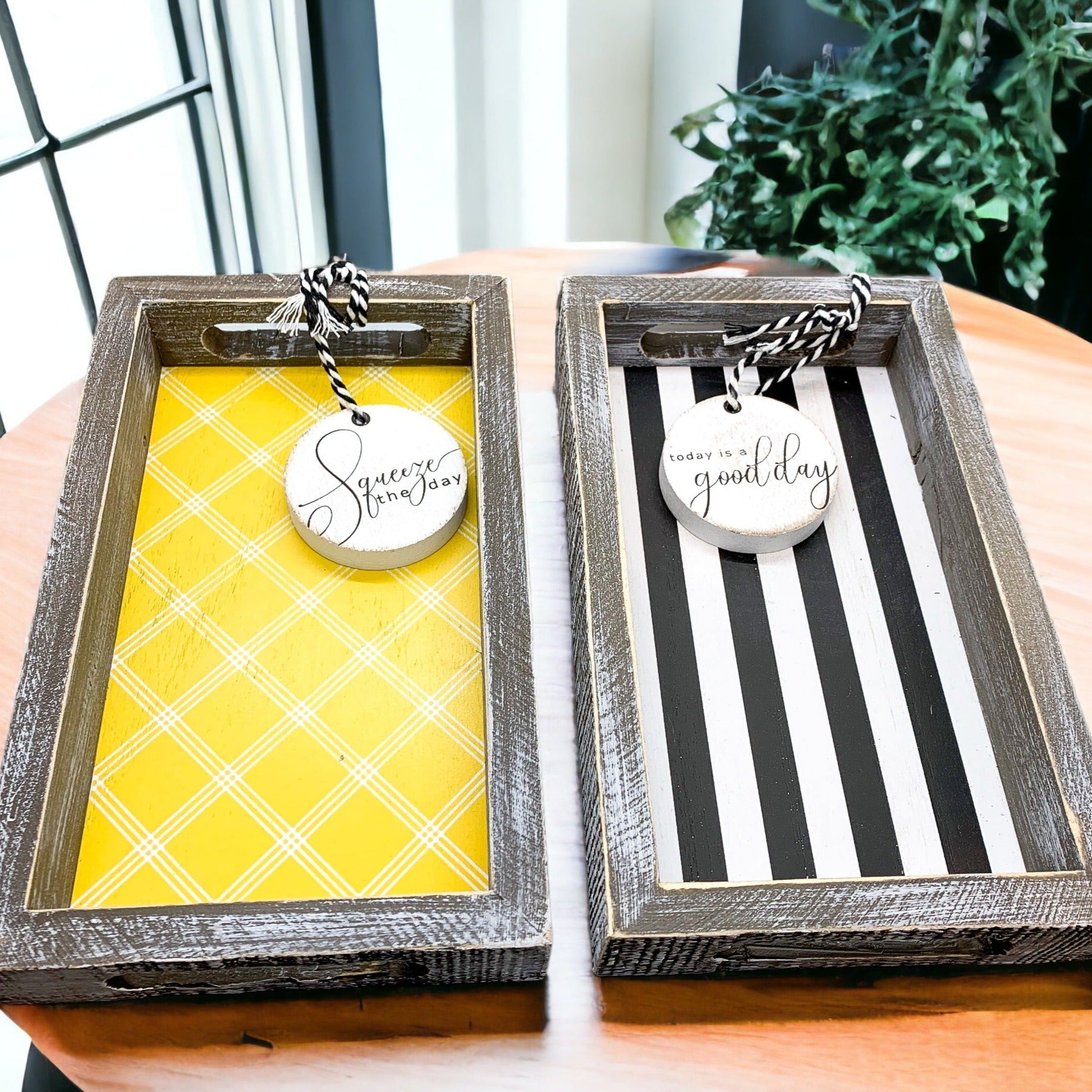 Handmade wooden tray with yellow striped interior and double-sided ornament featuring 'Squeeze The Day' and a lemon.