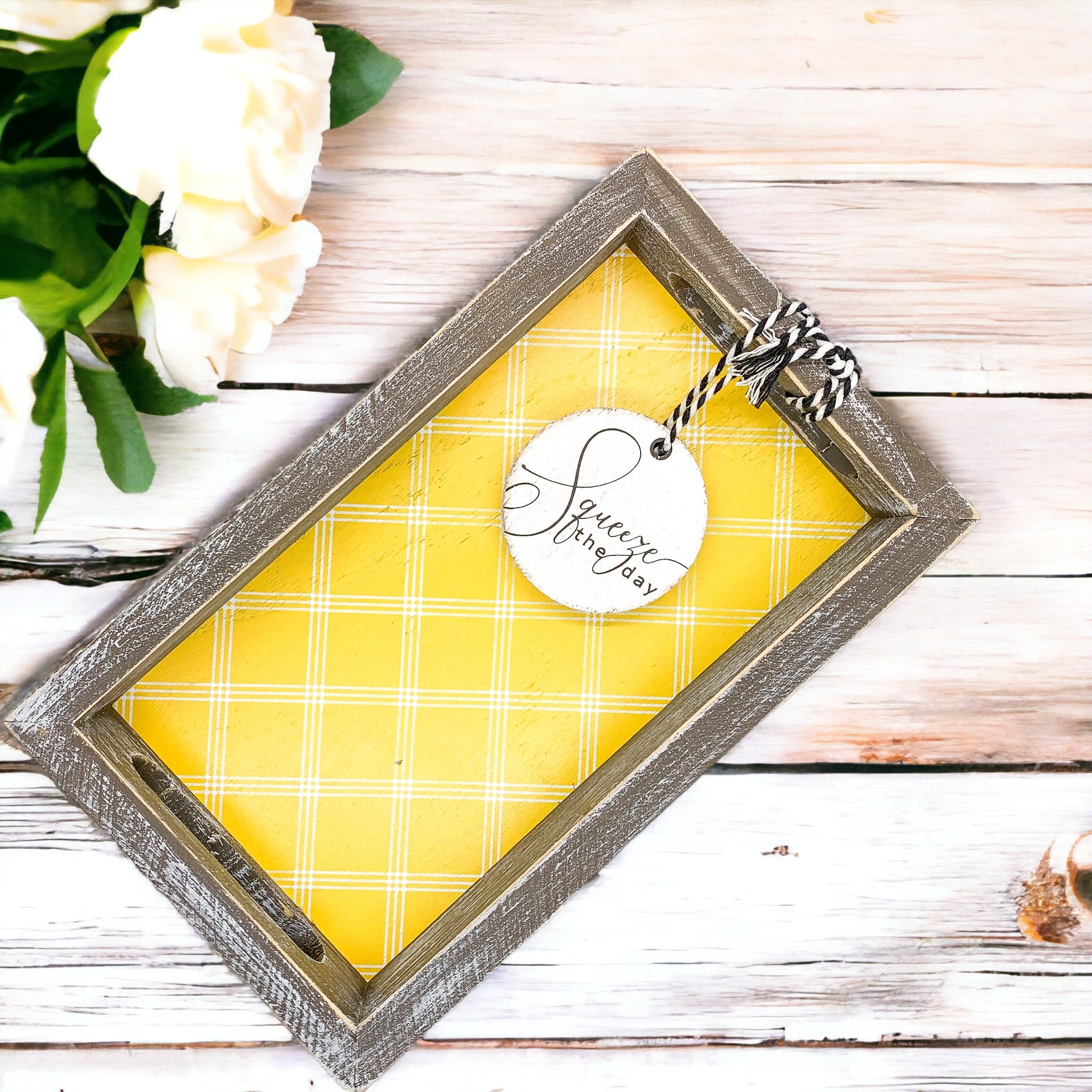 Handmade wooden tray with yellow striped interior and double-sided ornament featuring 'Squeeze The Day' and a lemon.