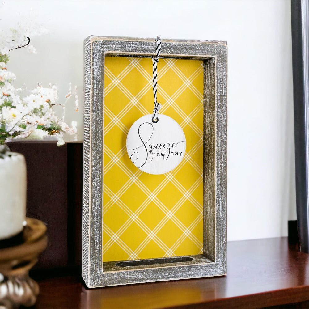 Handmade wooden tray with yellow striped interior and double-sided ornament featuring 'Squeeze The Day' and a lemon.