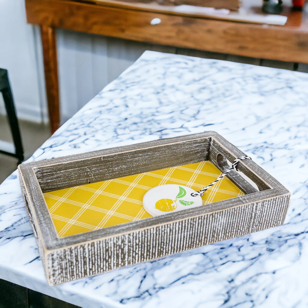 Handmade wooden tray with yellow striped interior and double-sided ornament featuring 'Squeeze The Day' and a lemon.