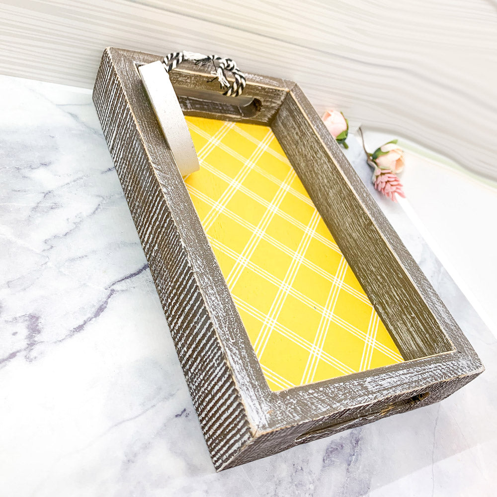 Handmade wooden tray with yellow striped interior and double-sided ornament featuring 'Squeeze The Day' and a lemon.