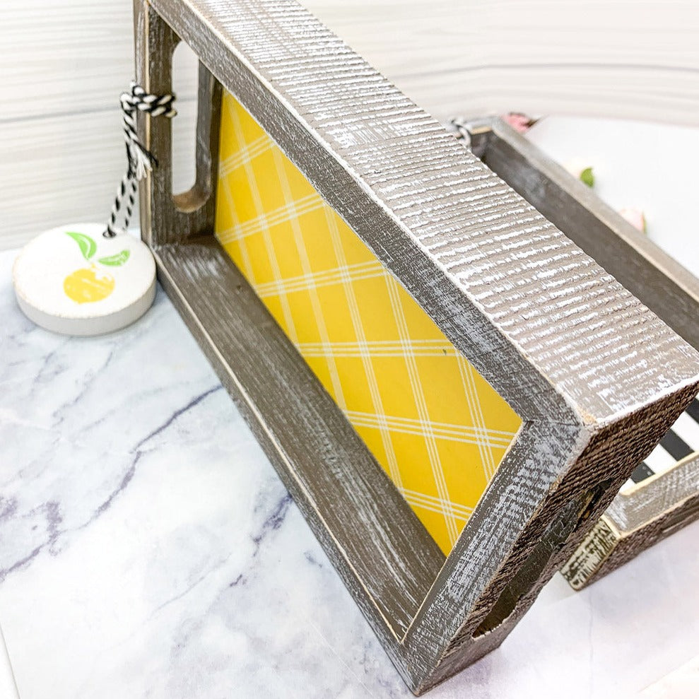 Handmade wooden tray with yellow striped interior and double-sided ornament featuring 'Squeeze The Day' and a lemon.