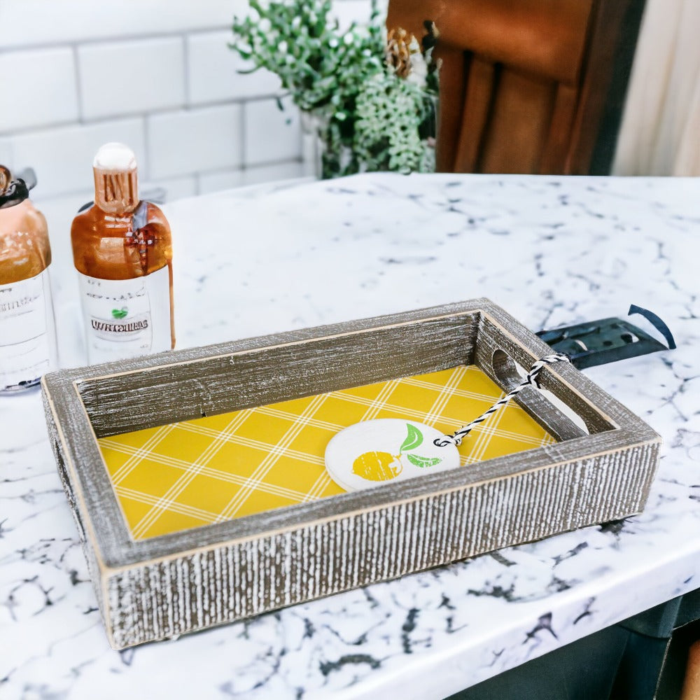 Handmade wooden tray with yellow striped interior and double-sided ornament featuring 'Squeeze The Day' and a lemon.