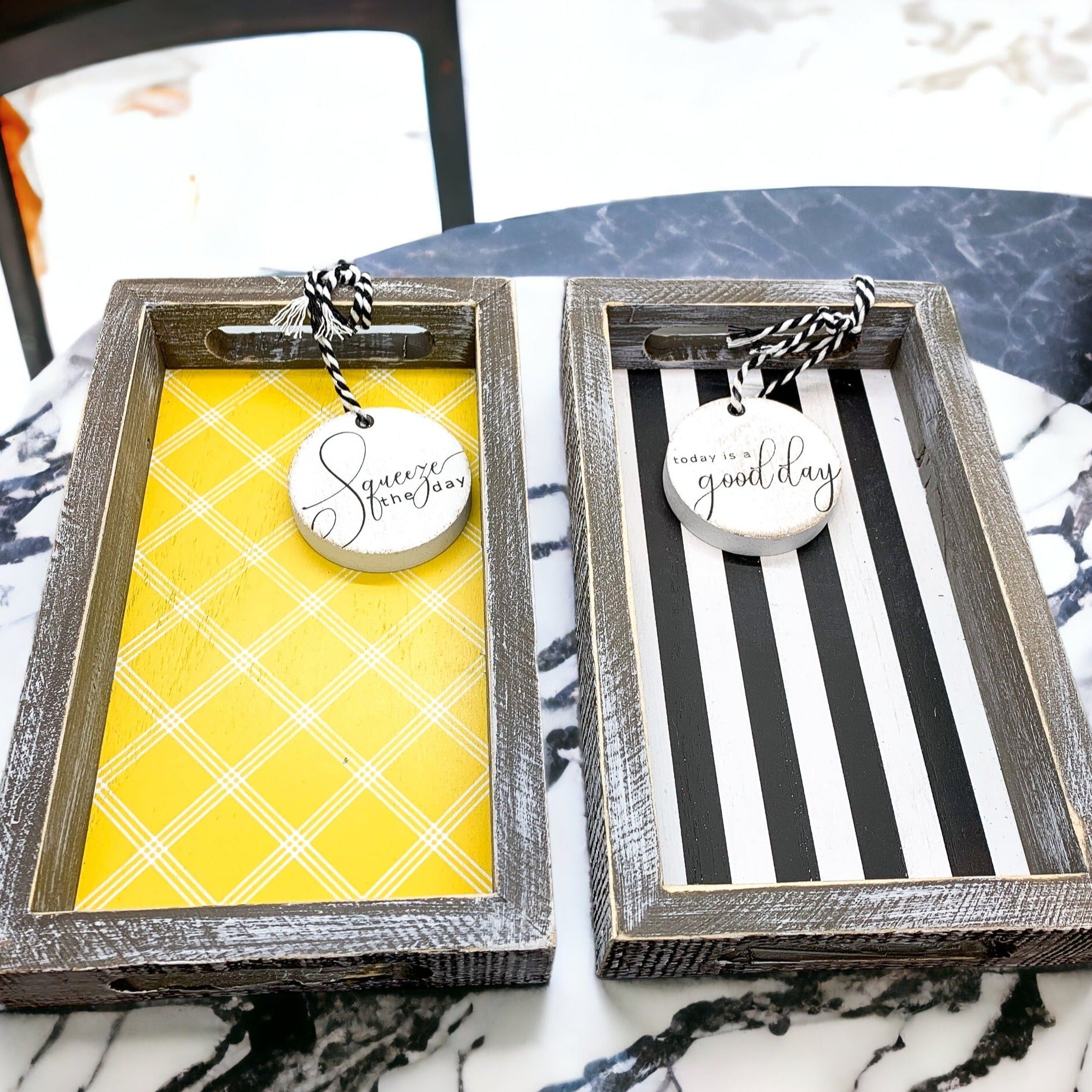 Handmade wooden tray with yellow striped interior and double-sided ornament featuring 'Squeeze The Day' and a lemon.