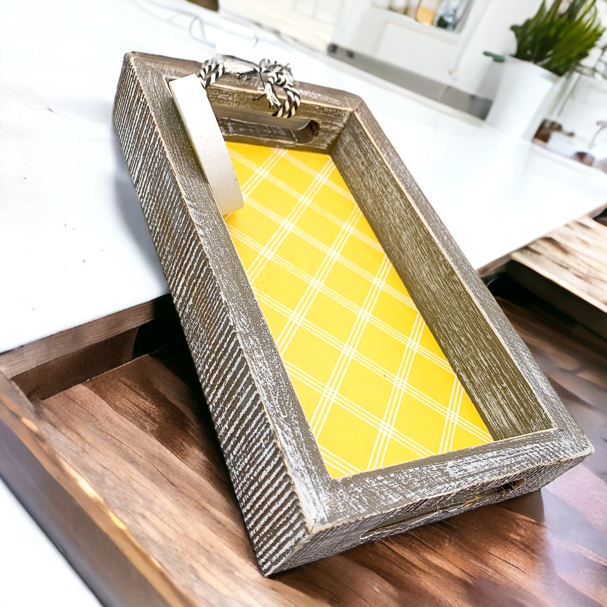 Handmade wooden tray with yellow striped interior and double-sided ornament featuring 'Squeeze The Day' and a lemon.