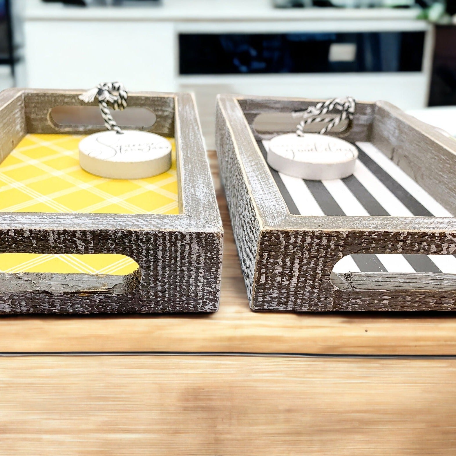 Handmade wooden tray with yellow striped interior and double-sided ornament featuring 'Squeeze The Day' and a lemon.