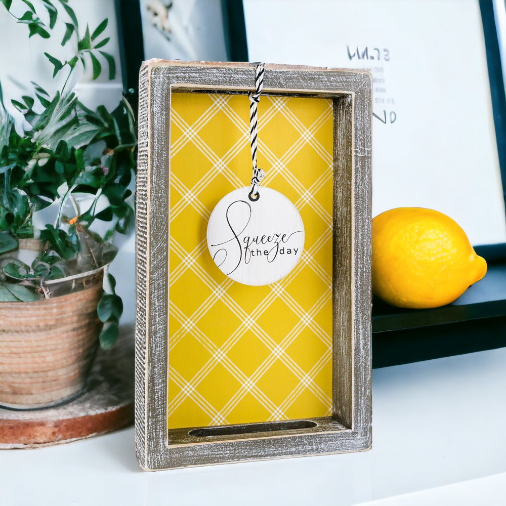 Handmade wooden tray with yellow striped interior and double-sided ornament featuring 'Squeeze The Day' and a lemon.