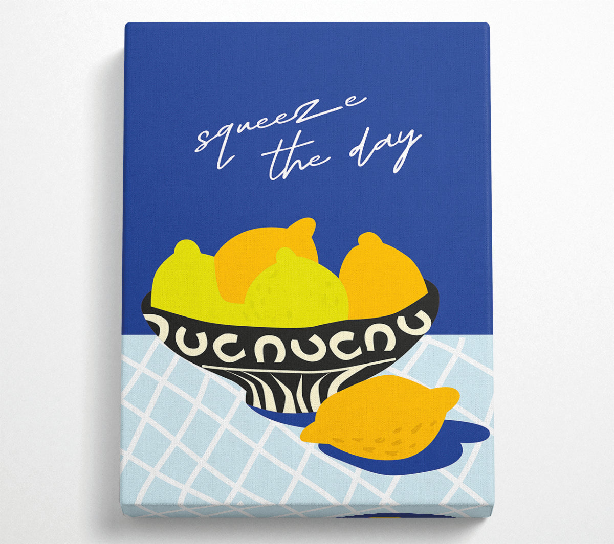 A vibrant canvas art piece titled 'Squeeze The Day', featuring bright colors and motivational text, mounted on a sturdy 44mm box frame.