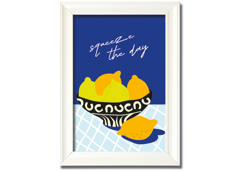 A vibrant 'Squeeze The Day' framed print featuring cheerful typography, available in various frame colours, ready to hang.