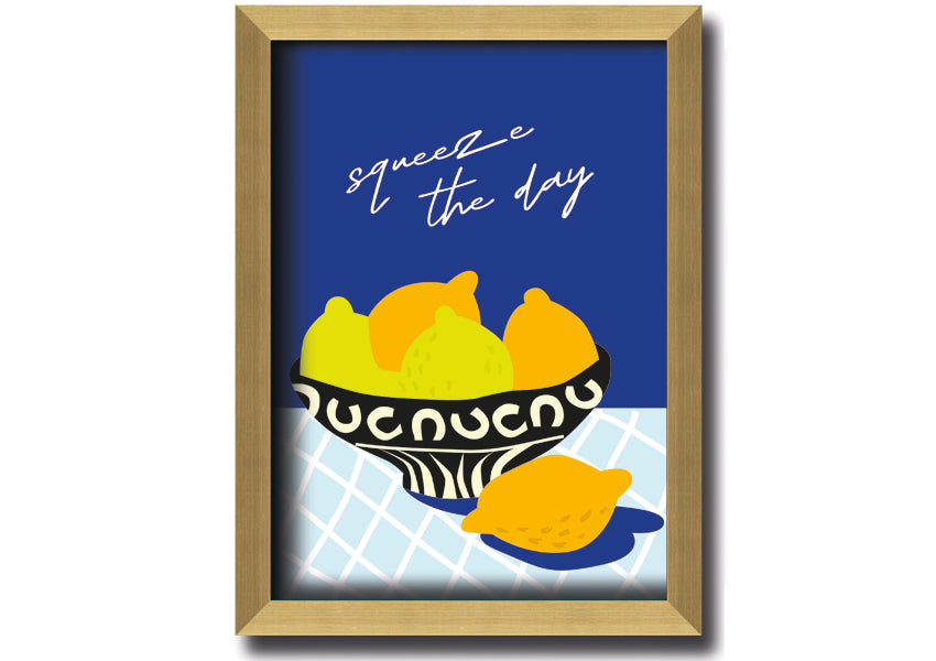 A vibrant 'Squeeze The Day' framed print featuring cheerful typography, available in various frame colours, ready to hang.