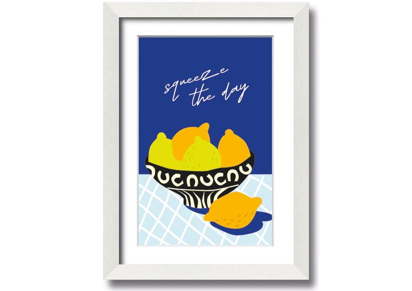 A vibrant 'Squeeze The Day' framed print featuring cheerful typography, available in various frame colours, ready to hang.