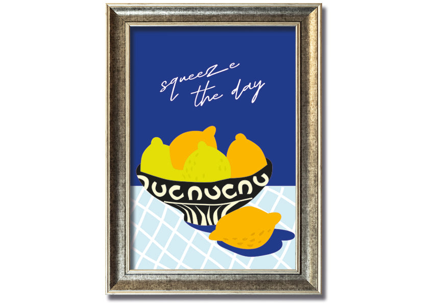 A vibrant 'Squeeze The Day' framed print featuring cheerful typography, available in various frame colours, ready to hang.