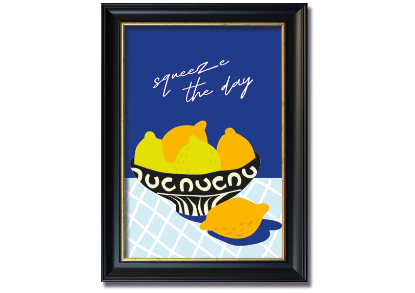 A vibrant 'Squeeze The Day' framed print featuring cheerful typography, available in various frame colours, ready to hang.