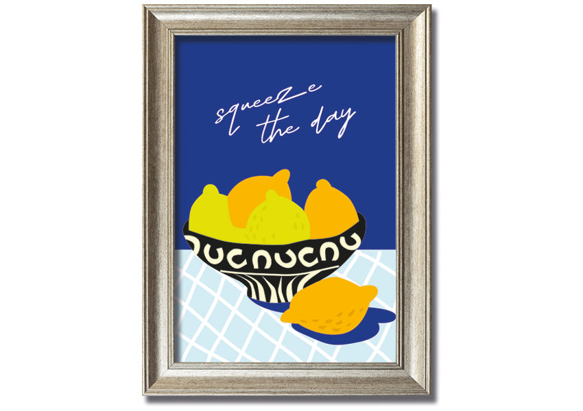 A vibrant 'Squeeze The Day' framed print featuring cheerful typography, available in various frame colours, ready to hang.