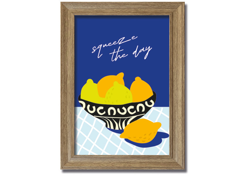 A vibrant 'Squeeze The Day' framed print featuring cheerful typography, available in various frame colours, ready to hang.