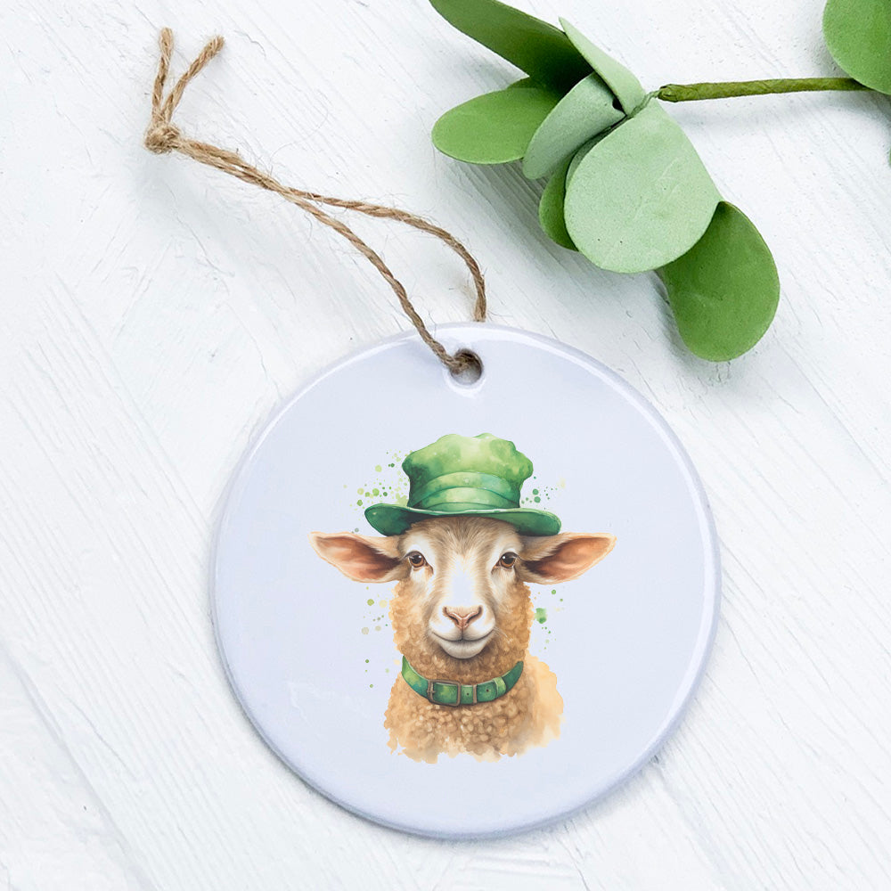 A beautifully crafted porcelain ornament featuring a St. Patrick's lamb design, showcasing vibrant colors and a glossy finish.